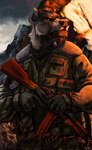 ak-47 ak_platform anthro assault_rifle brown_body clothed clothing cut_ear detailed_background eyebrows fur gloves grey_body grey_fur gun hair handwear holding_object holding_weapon looking_away male mountain outside pink_nose plant ranged_weapon rifle scarf sky solo weapon kombat300 canid canine canis domestic_dog mammal absurd_res digital_media_(artwork) hi_res