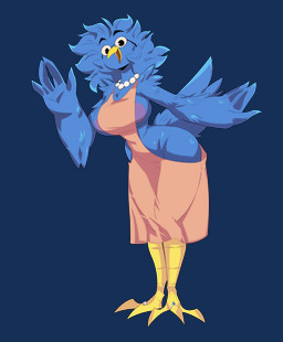anthro areola areola_slip beak big_breasts blue_body blue_feathers breasts clothed clothing digit_ring dress eyewear feathers feet female gem glasses jewelry necklace no_underwear non-mammal_breasts pearl_(gem) pearl_necklace ring skimpy solo toe_ring toes jdwalkrat deltarune undertale_(series) berdly's_mom avian bird hi_res
