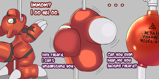 ambiguous_gender anal anal_penetration dialogue ellipsis fellatio glistening grey_background inanimate_transformation inflation insult laughing_at_another mid_transformation oral oral_penetration penetration penile pipe profanity red_body sex simple_background solo spitroast text transformation transformation_sequence yellow_eyes noms_(artist) bandai_namco digimon digimon_(species) guilmon english_text hi_res meme