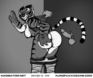 against_surface against_wall annoyed anthro anus balls big_breasts black_stripes bottomwear bottomwear_down breasts clothed clothing disembodied_hand disembodied_penis duo exposed_breasts eyelashes female genitals imminent_sex looking_back male male/female markings muscular muscular_female nipples panties panties_down pants pants_down partially_clothed penis rear_view striped_markings striped_tail stripes tail tail_markings text thick_thighs underwear underwear_down vulva wide_hips nagibator dreamworks kung_fu_panda master_tigress felid mammal pantherine tiger hi_res monochrome url