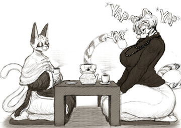anthro beads beverage big_breasts bottomwear breasts clothed clothing container cup duo eyes_closed eyeshadow female furniture hair holding_container holding_cup holding_object inner_ear_fluff jewelry kneeling makeup markings necklace open_mouth pants prayer_beads seiza sharp_teeth short_hair sitting striped_hair striped_markings striped_tail stripes sweater table tail tail_markings tea teapot teeth text topwear tuft itzjaylock domestic_cat felid feline felis mammal pantherine tiger 2025 digital_media_(artwork) english_text greyscale hi_res monochrome