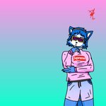 anthro blue_body blue_hair clothed clothing eyewear female glasses gold_(metal) hair humor pink_clothing short_hair simple_background solo sunglasses zak898 nintendo star_fox supreme krystal_(star_fox) canid canine fox mammal 1:1 hi_res meme