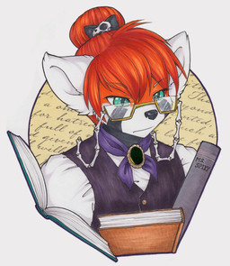 accessory alternative_fashion anthro ascot black_clothing black_markings black_nose black_topwear black_vest book bow_ribbon clothed clothing countershade_face countershading eyebrows eyewear facial_markings female glasses hair hair_accessory hair_bow hair_bun hair_ribbon head_markings j-fashion librarian markings mouth_closed orange_body orange_hair ouji_(fashion) pupils ribbons shirt skull_accessory slit_pupils solo text topwear vest white_clothing white_ears white_shirt white_topwear malachyte ailurid mammal red_panda 2015 bust_portrait english_text hi_res marker_(artwork) papercutting_(artwork) pen_(artwork) portrait traditional_media_(artwork)
