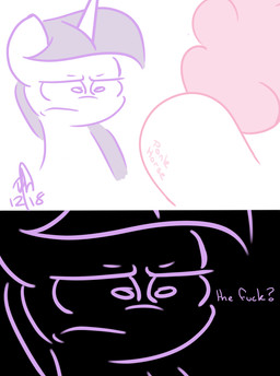butt cutie_mark duo female feral fluffy fluffy_tail hair horn internal_dialogue pink_hair presenting presenting_hindquarters profanity purple_hair simple_background tail text two_panel_image unicorn_horn hopefulsparks friendship_is_magic hasbro my_little_pony mythology pinkie_pie_(mlp) twilight_sparkle_(mlp) equid equine horse mammal mythological_creature mythological_equine pony unicorn absurd_res colored_sketch hi_res monochrome signature sketch