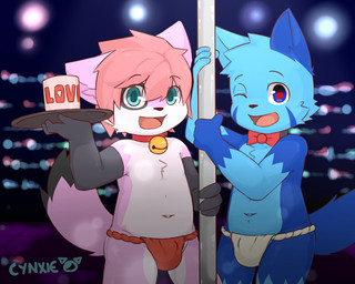 anthro asian_clothing bell bell_collar black_body black_fur blue_body blue_eyes blue_fur bow_(feature) bow_tie bulge clothed clothing collar duo east_asian_clothing fundoshi fur japanese_clothing looking_at_viewer male navel open_mouth pink_body pink_fur pole pupils red_pupils stripper_pole topless underwear young young_anthro young_male furcynxied haziq_(hazumazu) naz_namaki_(cynxie) domestic_cat felid feline felis mammal 5:4 hi_res