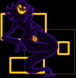 2_fingers andromorph fingers genitals intersex neck_tuft not_furry purple_body smug solo spread_vulva spreading tuft vulva yellow_eyes aspenofsimpcon a_hat_in_time snatcher_(ahit) ghost spirit hi_res
