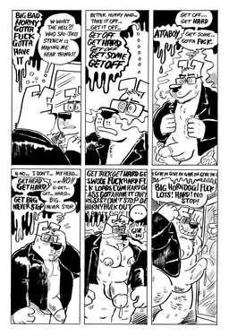 anthro balls blush bodily_fluids bottomless clothed clothing erection eyewear flexing flexing_bicep flexing_both_biceps genital_fluids genitals glans glasses glowing glowing_eyes growth humanoid_genitalia humanoid_penis hypnosis jacket leather leather_clothing leather_jacket leather_topwear male mind_control mirror muscle_growth muscular muscular_male nipples penis personality_change precum profanity ringed_eyes simple_background smile solo speech_bubble spiral spiral_eyes standing sweat text thought_bubble tongue tongue_out topwear towel transformation weight_gain billy_fore marty_martin's_dad canid canine canis domestic_dog mammal black_and_white comic english_text hi_res monochrome