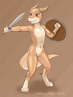 3_toes 4_fingers anthro brown_eyes claws featureless_chest feet female fighting_pose fingers flat_chested genitals holding_melee_weapon holding_object holding_shield holding_sword holding_weapon horn melee_weapon multicolored_body navel nude pose shield simple_background solo spots standing sword toe_claws toes two_tone_body vulva weapon eddiew kobold scalie 2019 3:4 hi_res