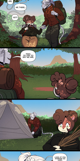 anthro backpack blush bottomwear brown_hair clothing detailed_background dialogue duo female green_clothing green_shirt green_topwear hair humanoid_hands larger_male male male/female outside pants ponytail shirt shortstack size_difference smaller_female speech_bubble stick tan_bottomwear tan_clothing tan_pants text topwear white_body white_hair nimzy noms_(nimzy) tobi_(nimzy) cricetid felid hamster hybrid liger mammal pantherine rodent absurd_res comic hi_res