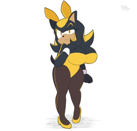 anthro big_breasts black_body black_fur breasts bunny_costume clothing costume female footwear fur high_heels shoes yellow_eyes bingbingo sega sonic_the_hedgehog_(series) fan_character umbra_the_hedgehog eulipotyphlan hedgehog mammal hi_res watermark