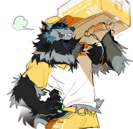 anthro belt black_body black_fur black_nose blue_body blue_fur bottomwear box claws clothing container countershade_fur countershading fluffy fur gloves green_claws green_eyes hand_on_hip handwear hat headgear headwear holding_object looking_at_viewer male multicolored_body multicolored_fur pants shirt simple_background smile solo standing tail tape teeth text tongue topwear white_body white_fur yellow_bottomwear yellow_clothing yellow_hat yellow_headwear yellow_pants yellow_shirt yellow_topwear wintom ledo_(wintom) canid canine canis mammal wolf 2021 hi_res japanese_text portrait