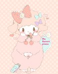 accessory alternative_fashion beady_eyes blush bow_(feature) bow_accessory bow_ribbon chibi cute_fangs decorated_bow fangs female flower flower_accessory flower_bow flower_hair_accessory frilly frilly_accessory frilly_bow fur genitals hair_accessory hair_bow hair_ribbon heart_symbol hearts_around_body hearts_around_head j-fashion kemono pattern_bow plant pussy ribbons shaved shaver solo spotted_bow standing string_bow teeth text tied_string wool_(fur) kigekigahou onegai_my_melody sanrio my_sweet_piano bovid caprine domestic_sheep mammal sheep 2015 english_text