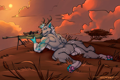 anthro antlers backsack balls blue_eyes butt detailed_background fur genitals grass grey_body grey_fur gun horn male mane muscular muscular_anthro muscular_male nude outside plant ranged_weapon sniper solo sunset tattoo weapon tsaiwolf wolfygohowl canid canine hybrid mammal signature