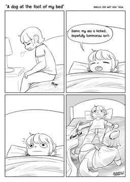 anthro bed bottomwear butt clothed clothing dialogue duo feet female fur furniture hair hoodie interspecies legwear male male/female one_ear_up pants pawpads ponytail shirt simple_background sweatpants t-shirt tail text thigh_highs topwear underwear blasticussaturn biscuit_(blasticussaturn) guy_(blasticussaturn) canid canine canis domestic_dog human mammal absurd_res comic digital_media_(artwork) english_text hi_res monochrome signature