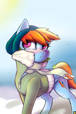 blue_body blue_feathers blush clothing feathered_wings feathers female feral hair hood jacket multicolored_hair rainbow_hair scarf snow solo sun topwear wings conditional_dnp pudgeruffian friendship_is_magic hasbro my_little_pony mythology rainbow_dash_(mlp) equid equine mammal mythological_creature mythological_equine pegasus 2:3 absurd_res hi_res portrait three-quarter_portrait