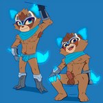 4_fingers anthro armor armpit_hair balls blue_background blue_clothing blue_eyes blue_underwear blush body_hair boots brown_body brown_fur bulge clothing facial_markings feet fingers footwear foreskin fur gauntlets genitals gloves glowing glowing_tail hand_on_knee hand_on_leg hand_on_own_knee hand_on_own_leg handwear head_markings holographic_ears holographic_tail looking_at_viewer male male_anthro markings mask mask_(marking) multiple_poses penis pose pubes scarf shoes short_anthro short_male simple_background sitting smile smiling_at_viewer solo standing tail teeth_showing underwear hatakerub league_of_legends riot_games tencent kennen_(lol) mammal procyonid raccoon yordle colored digital_media_(artwork) full-length_portrait hi_res portrait