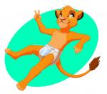 anthro anthrofied clothing diaper gesture hand_gesture lying male smile solo v_sign young young_anthro furrychrome disney the_lion_king simba_(the_lion_king) felid lion mammal pantherine hi_res