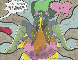 alternative_fashion anthro aroused aroused_face aroused_smile bathroom bathroom_tiles blush blush_lines bodily_fluids bulge clothing dialogue ear_piercing ear_ring erection excessive_feces feces feces_bulge femboy genital_fluids hyper hyper_feces male messy offscreen_character panties peeing peeing_on_self peeing_while_erect piercing pooping ring_piercing skunk_tail smelly soiling soiling_underwear solo speech_bubble stink_fumes stink_lines tenting text underwear urine urine_on_self watersports wetting seraphina_shameless hal_(hal_skunky) mammal mephitid skunk absurd_res english_text hi_res