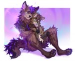 anthro blep blue_eyes brown_body brown_fur cheek_tuft cuddling dark_body dark_fur duo facial_tuft fluffy fluffy_tail fur glowing hair hug hugging_object hugging_plushie male male/male neck_tuft one_eye_closed paws plushie purple_body purple_eyes purple_fur purple_hair sitting tail tongue tongue_out tuft wink metriaus_(artist) mizuhocoyote_(character) rydgedshep_(character) canid canine canis coyote domestic_dog german_shepherd herding_dog mammal pastoral_dog hi_res