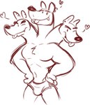 3_heads anthro bottomwear briefs clothing flirting hands_on_hips heart_symbol male multi_head muscular muscular_male navel shorts simple_background smile solo standing tongue tongue_out underwear white_background goronic european_mythology greek_mythology mythology canid canid_demon canine cerberus demon hellhound mammal mythological_canine mythological_creature himbo digital_drawing_(artwork) digital_media_(artwork) monochrome portrait three-quarter_portrait