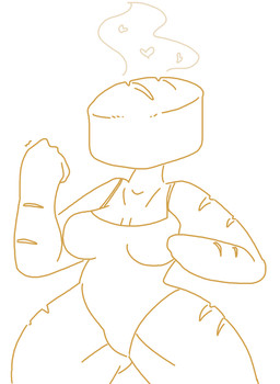 bread breasts clothing eyeless female food heart_symbol leotard mouthless noseless not_furry solo steam thick_thighs what the_weaver food_creature humanoid monochrome yellow_and_white