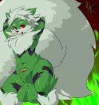 2015 abs alternate_color animal_genitalia anthro anthrofied arcanine balls biceps big_balls big_penis big_sheath big_tail biped bodily_fluids butt canid canine cellidor_(character) chest_tuft fan_character fluffy fur generation_1_pokemon genital_fluids genitals green_balls green_body green_ears green_fur green_sheath hair hands_behind_head hi_res honky_kat huge_balls huge_tail hyper hyper_tail looking_at_viewer male mammal nintendo nude penis penis_tip pink_penis pokemon pokemon_(species) pokemorph pose precum precum_on_penis precum_on_sheath pupils red_eyes red_pupils red_tongue sheath smile solo stripes tail tongue tongue_out tuft white_body white_fur wide_hips