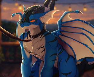 2_horns anthro bdsm black_stripes blue_body blue_fur blue_scales cloud collar facial_horn fur head_horn horn horn_jewelry horn_ring jewelry leash leashed_collar male membrane_(anatomy) membranous_wings nose_horn nude orange_eyes petplay ring_(jewelry) roleplay scales sky solo stripes sunset tail white_body white_scales wings shyryp mythology anyven dragon mammal mythological_creature mythological_scalie scalie absurd_res digital_media_(artwork) hi_res