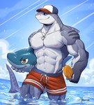 abs anthro areola biceps biped clothed clothing cloud countershade_arms countershade_face countershade_neck countershade_torso countershading fin food gills grey_body hat headgear headwear holding_food holding_object holding_popsicle male muscular muscular_anthro muscular_male nipples partially_submerged pecs popsicle smile solo swimwear tail tail_fin topless topless_anthro topless_male water anjing_kampuss brondo_(mondoart) fish marine shark hi_res