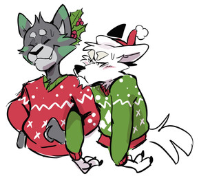 anthro blush bodily_fluids christmas_clothing christmas_headwear claws clothing duo embarrassed eyes_closed fangs festive frown fur green_body green_fur grey_body grey_fur grumpy happy hat headgear headwear holidays holly_(plant) hug humor male male/male matching_sweaters multicolored_body multicolored_fur plant santa_hat simple_background smile sweat sweater teeth topwear two_tone_body two_tone_fur upset white_background white_body white_fur haps adastra adastra_(series) christmas echo_project alexios_(adastra) cassius_(adastra) canid canine canis domestic_cat felid feline felis mammal wolf 2019 hi_res