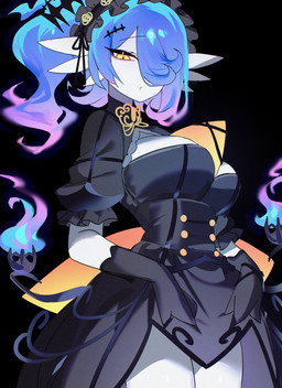 armwear black_background blue_hair breasts clothing dark_clothing dress elbow_gloves female fire flaming_hair gloves hair handwear looking_at_viewer looking_down looking_down_at_viewer orange_eyes pseudo_hair simple_background solo chunniwa nintendo pokemon gardevoir generation_3_pokemon humanoid pokemon_(species) absurd_res hi_res