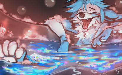 anthro bath blue_body blue_fur blue_hair feet fingers fur hair male open_mouth smile solo teeth toes tongue white_body white_fur hyilpi canid canine mammal 2021 digital_media_(artwork) hi_res