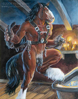 5_fingers anthro balls bath bathtub black_balls black_hair black_mane black_penis braided_hair brown_body brown_eyes brown_fur candle candlelight chain chain_accessory fingers flaccid foreskin fur genitals hair harness harness_only hooves light male mane nude penis pubes solo text white_body white_fur white_pubes victor_wren equid equine horse mammal 2008 url