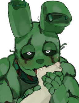 ambiguous_gender anthro blush bodily_fluids duo faceless_ambiguous faceless_character faceless_human finger_in_mouth first_person_view green_body lidded_eyes machine mostly_offscreen_character saliva sweat wire kogito five_nights_at_freddy's five_nights_at_freddy's_3 scottgames springtrap_(fnaf) animatronic human lagomorph leporid mammal rabbit robot 2023 absurd_res digital_media_(artwork) hi_res