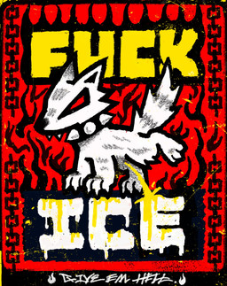 ambiguous_gender bodily_fluids collar collar_only feral fur genital_fluids leg_out nude peeing political_cartoon politics quadruped red_eyes sharp_fangs solo spiked_collar spikes text urine white_body white_fur wolf-kin canid canine canis mammal wolf 2026 english_text hi_res