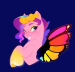 blue_background eyeshadow female glowing green_eyes insect_wings leg_markings lepidopteran_wings makeup markings pink_body purple_body simple_background smile socks_(marking) solo wings yellow_eyeshadow aztrial hasbro mlp_g5 my_little_pony mythology pipp_petals_(mlp) equid equine mammal mythological_creature mythological_equine pegasus hi_res portrait