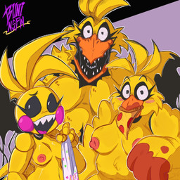 alternate_universe anthro areola beak beakless big_breasts black_eyes black_sclera blush blush_lines breasts cheek_tuft eyelashes facial_tuft feathers female food food_in_mouth front_view group head_feathers head_tuft looking_at_viewer machine nipples nude pink_areola pink_nipples pizza pizza_slice purple_background rosy_cheeks sharp_teeth simple_background small_breasts teeth toothed_beak trio tuft white_eyes yellow_body yellow_feathers gushybuni_(artist) five_nights_at_freddy's five_nights_at_freddy's_2 five_nights_at_frickbear's_(series) five_nights_at_frickbear's_3 scottgames chica_(fnaf) chica_(frickbear's) toy_chica_(fnaf) toy_chica_(frickbear's) withered_chica_(fnaf) withered_chica_(frickbear's) animatronic avian bird chicken galliform phasianid robot 1:1 absurd_res colored digital_drawing_(artwork) digital_media_(artwork) hi_res