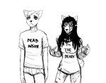 anthro black_and_white black_hair blood blood_on_clothing bodily_fluids briefs canid canine canis carol_(hladilnik) clothing daniel_(hladilnik) domestic_dog duo female gesture ghost hair hand_gesture hi_res hladilnik humor long_hair male mammal messy_hair monochrome pointing pointing_at_self scar shirt short_hair slit_throat smile spirit text text_on_clothing text_on_shirt text_on_topwear tired topwear underwear wolf wounded