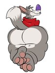 anthro big_butt bottom_heavy bottomless bottomless_anthro bottomless_male butt butt_jiggle clothed clothing fangs fur grey_body grey_fur half-closed_eyes huge_butt jiggling looking_at_viewer looking_back male mascot motion_lines narrowed_eyes paws presenting presenting_hindquarters puckered_lips raised_tail rear_view red_clothing red_shirt red_topwear shirt slightly_chubby slightly_chubby_anthro slightly_chubby_male solo tail teeth topwear remmyfox cookie_crisp chip_the_wolf canid canine canis mammal wolf 2021 3:4 hi_res