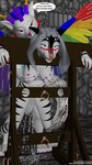 ambiguous_fluids anthro bdsm blue_eyes blush bondage bound claws duo erect_nipples feathered_wings feathers female female/female fluffy fluffy_tail grabbing_from_behind grey_hair hair messy nipples open_mouth prison purple_eyes restraints sex stocks stripes tail tail_fetish tail_play tail_sex text toe_claws wings silverpetdragon mythology zig_zag dragon felid hybrid mammal mephitid mythological_creature mythological_scalie pantherine scalie skunk tiger 3d_(artwork) 9:16 digital_media_(artwork) english_text hi_res url