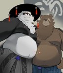 anthro asian_conical_hat belly brown_body brown_fur clothed clothing duo eyewear facial_scar fur glasses hat headgear headwear male missing_eye moobs multicolored_body multicolored_fur navel nipples overweight scar smile topless topless_anthro topless_male acdc_233 mihoyo zenless_zone_zero ben_bigger pan_yin_hu bear giant_panda mammal 2025 absurd_res hi_res