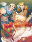 anthro blonde_hair blue_eyes blush box christmas_clothing christmas_headwear clothing container eyebrows gift_box group hair hat headgear headwear holidays horn male muscular muscular_anthro muscular_male ninja one_eye_closed santa_hat snow thick_eyebrows warrior wink osusisusiii christmas lifewonders tokyo_afterschool_summoners jiraiya_(tas) motosumi_(tas) yule_(tas) deer human humanoid mammal new_world_deer reindeer hi_res