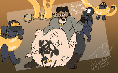 anthro belly big_belly big_breasts bloated breasts clothed clothing curvy_figure facial_hair feet femboy fur group gun gynomorph gynomorph_pred hair intersex intersex_pred male mass_vore multiple_prey navel open_mouth ranged_weapon robber simple_background size_difference slime tail tentacles text thick_thighs toes voluptuous voluptuous_anthro voluptuous_male vore weapon wide_hips jayme_universe vore_day vore_day_2025 canid canine hyena mammal unknown_species digital_media_(artwork) english_text hi_res busty_boy_(lore) male_(lore)