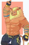 abs anthro blonde_hair bulge cosplay hair male muscular muscular_anthro muscular_male nipples pecs solo wrestling_clothing paqaaqap bandai_namco digimon tekken tekken_5 king_(tekken) digimon_(species) leomon