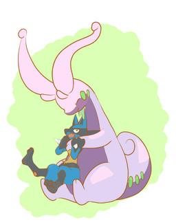 abstract_background ambiguous_anthro ambiguous_gender anthro blue_ears blue_legs duo facial_markings feet feral fur green_background grey_inner_ear grey_legs head_markings hug looking_up_at_another markings mask_(marking) multicolored_body multicolored_tail open_mouth pawpads purple_body purple_tail simple_background sitting slime smile tail tail_markings tan_body tan_fur thick_tail toes white_background momensarada nintendo pokemon generation_4_pokemon generation_6_pokemon goodra lucario pokemon_(species) 2022 absurd_res colored hi_res