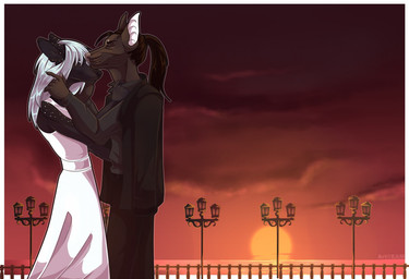 ambiguous_gender anthro clothed clothing duo fur hair hug kissing male male/ambiguous outside standing sunset gmerk canid canine mammal