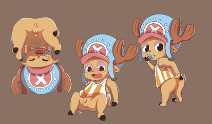 anthro anus balls blush butt clothing eyes_closed genitals hat headgear headwear horn male object_in_mouth pacifier pacifier_in_mouth penis shirt sitting solo thumbless topwear young young_anthro tamaro one_piece tony_tony_chopper deer mammal new_world_deer reindeer 2021 absurd_res hi_res