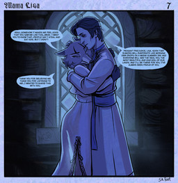 anthro black_facial_markings black_markings clothing comforting comforting_another dialogue duo eyes_closed facial_markings female glass glass_window gown head_markings hug hugging_another inside male markings narrowed_eyes night nightgown sash standing text window wood sir_paulus lisabeth_(lord_paulus) pavel_(sir_paulus) canid canine canis fox human mammal comic english_text hi_res