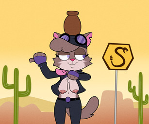 4_fingers anthro areola armor arms_bent bedroom_eyes belt belt_buckle big_areola big_breasts big_eyes big_nipples biped black_armor black_belt black_bottomwear black_clothing black_headgear black_helmet black_jacket black_pants black_topwear blind_eye bottomwear breasts brown_body brown_ears brown_fur brown_tail buckle button_(fastener) cactus cheek_tuft chest_tuft closed_smile clothed clothing countershade_face countershade_fur countershade_torso countershading day detailed_background elderly elderly_anthro elderly_female eyelashes eyewear eyewear_on_head facial_tuft female fingerless_gloves fingers flashing flashing_breasts front_view fur fur_tuft gesture glistening glistening_areola gloves goggles goggles_on_head half-closed_eyes hand_gesture handwear head_tuft headgear helmet iris jacket light_body light_fur long_eyelashes looking_aside mature_anthro mature_female monotone_tail mouth_closed multicolored_body multicolored_fur narrowed_eyes navel nipples no_bra no_pupils notched_ear object_on_head open_clothing open_jacket open_topwear outside pants partially_clothed partially_clothed_anthro partially_clothed_female pink_areola pink_inner_ear pink_nipples pink_scarf plant pointing pointy_ears prick_ears puffy_areola purple_clothing purple_eyes purple_gloves purple_handwear red_nose road_sign sagging_breasts scarf seductive sign sky smile solo standing tail thick_thighs topwear tuft two_tone_body two_tone_fur urn white_body white_breasts white_countershading white_fur white_sclera yellow_sky lonbluewolf murphy_and_mitzi maxine_(ajmarekart) domestic_cat felid feline felis mammal 2025 6:5 digital_drawing_(artwork) digital_media_(artwork)