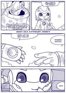 5_fingers anthro dialogue duo facial_markings fingers forehead_markings head_markings machine male male_anthro markings offering_hand open_mouth smoke speech_bubble talking_to_another text cyyeun xen_(series) switch_(xen) alien robot 2007 artist_name blue_and_white comic dated english_text monochrome