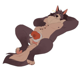 anthro balls belly brown_body brown_fur fur genitals green_eyes hand_behind_head lying male male_anthro mostly_nude mostly_nude_anthro mostly_nude_male neck_tuft nipples on_back one_eye_closed overweight overweight_anthro overweight_male pawpads simple_background solo sparkles spread_legs spreading tail tan_body tan_fur tuft white_background wink remulle_(artist) toroid canid canine canis domestic_dog mammal 1:1 2024 hi_res